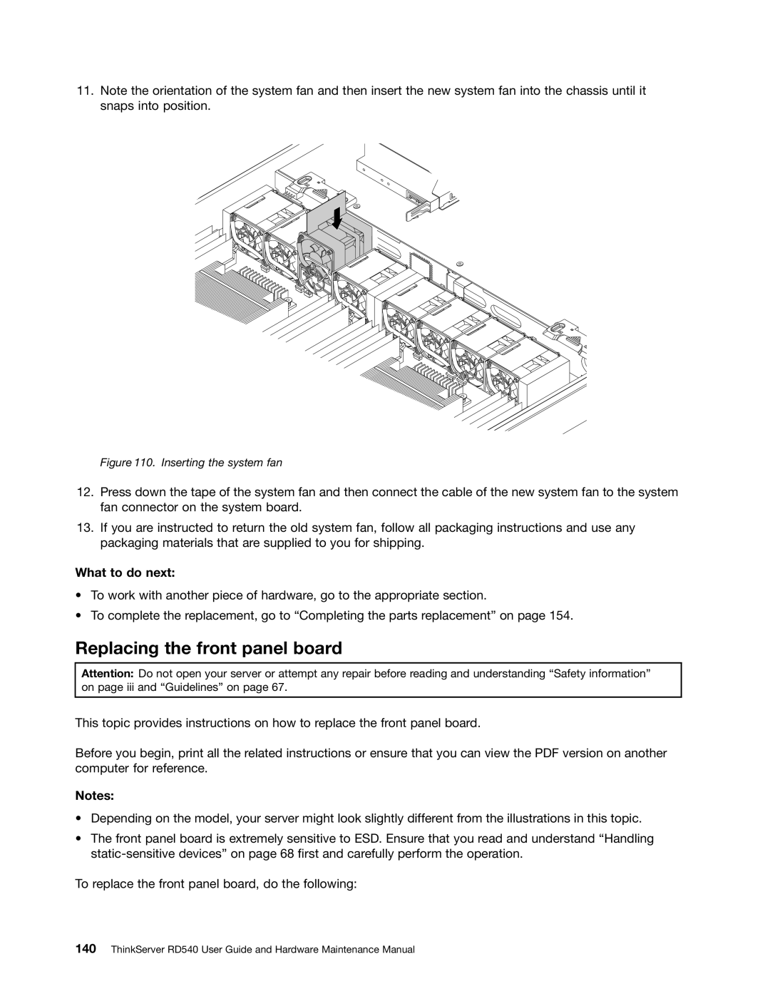 Lenovo RD540 manual Replacing the front panel board, Inserting the system fan 