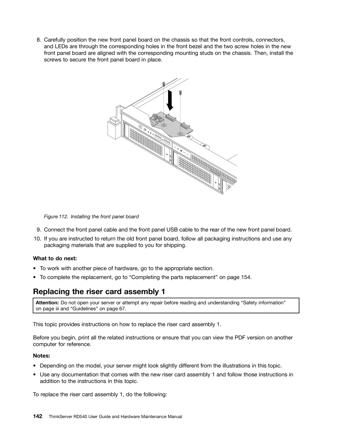 Lenovo RD540 manual Replacing the riser card assembly, Installing the front panel board 