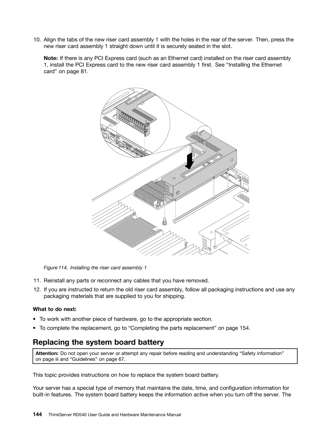Lenovo RD540 manual Replacing the system board battery, Installing the riser card assembly 
