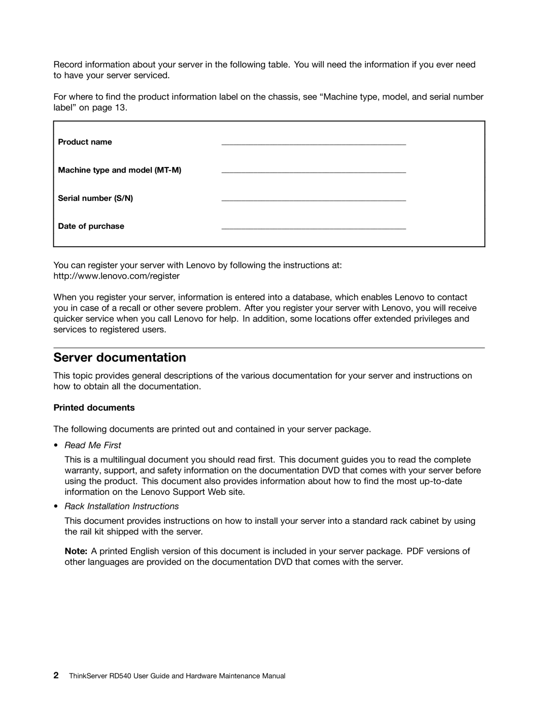 Lenovo RD540 manual Server documentation, Printed documents 