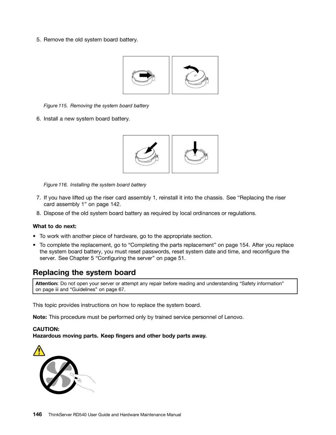 Lenovo RD540 manual Replacing the system board, Removing the system board battery 