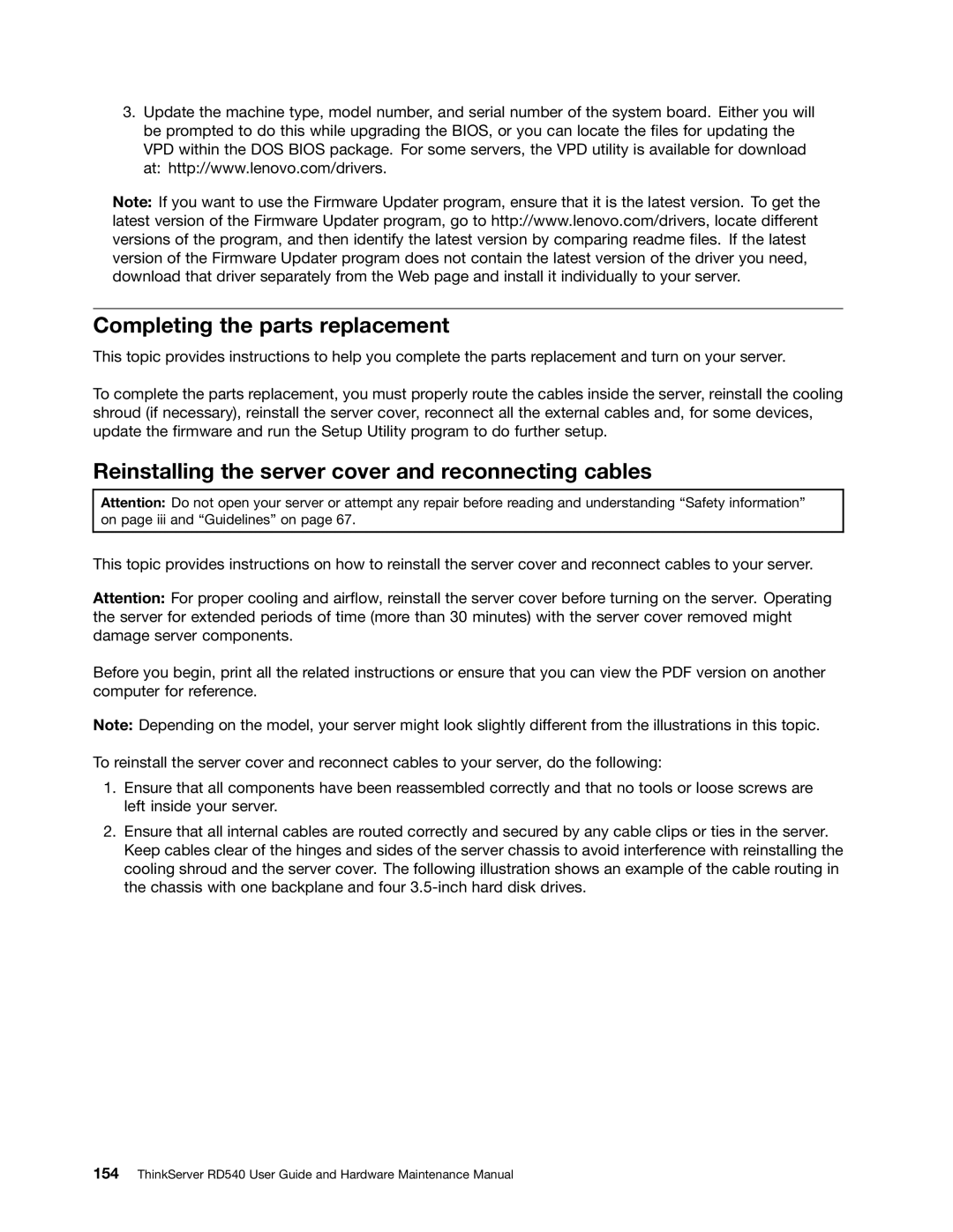 Lenovo RD540 manual Completing the parts replacement, Reinstalling the server cover and reconnecting cables 