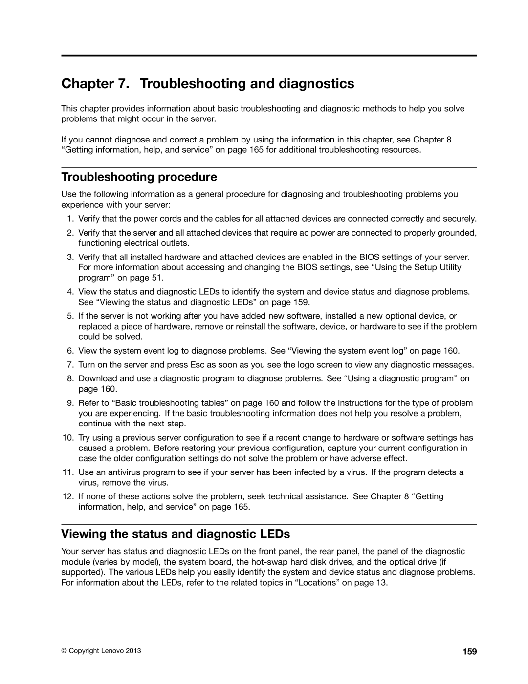 Lenovo RD540 manual Troubleshooting procedure, Viewing the status and diagnostic LEDs, 159 