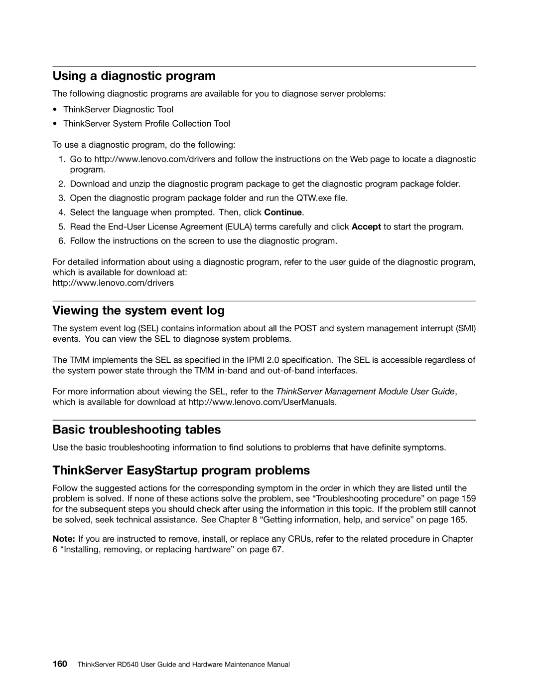 Lenovo RD540 manual Using a diagnostic program, Viewing the system event log, Basic troubleshooting tables 