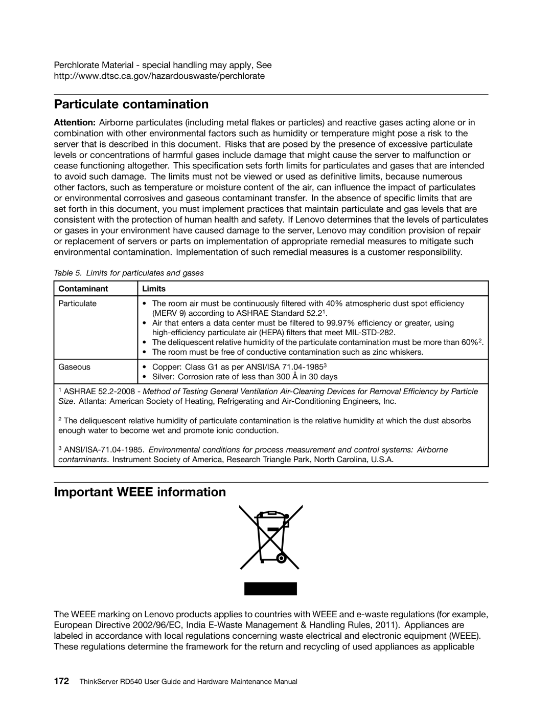 Lenovo RD540 manual Particulate contamination, Important Weee information 