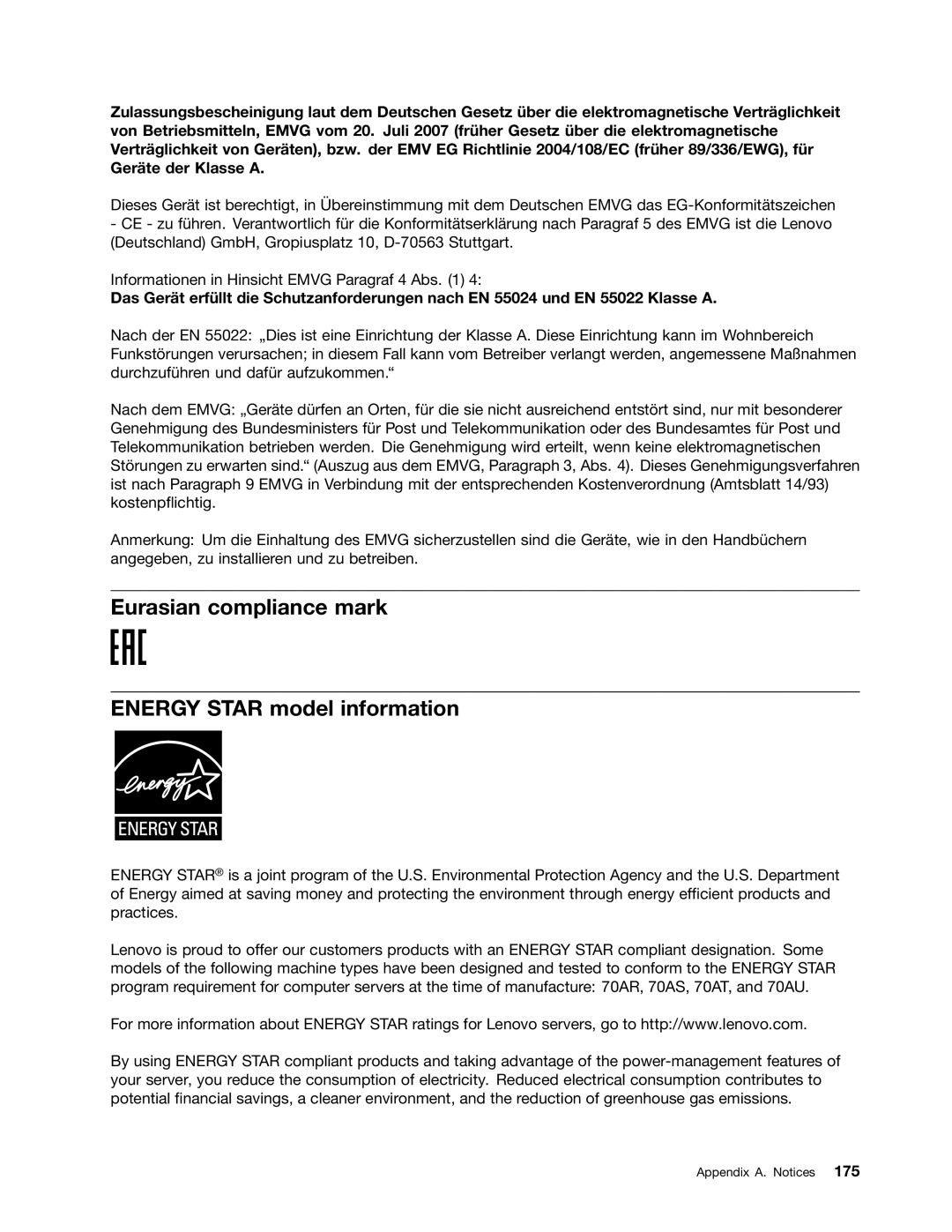 Lenovo RD540 manual Eurasian compliance mark Energy Star model information 