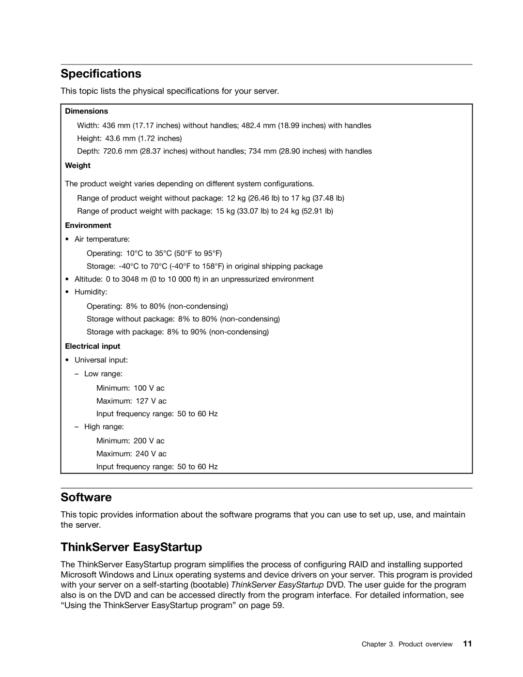 Lenovo RD540 manual Specifications, Software, ThinkServer EasyStartup 