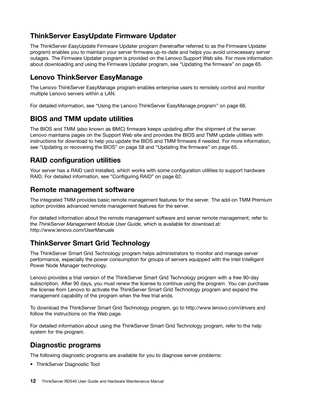 Lenovo RD540 manual ThinkServer EasyUpdate Firmware Updater, Lenovo ThinkServer EasyManage, Bios and TMM update utilities 