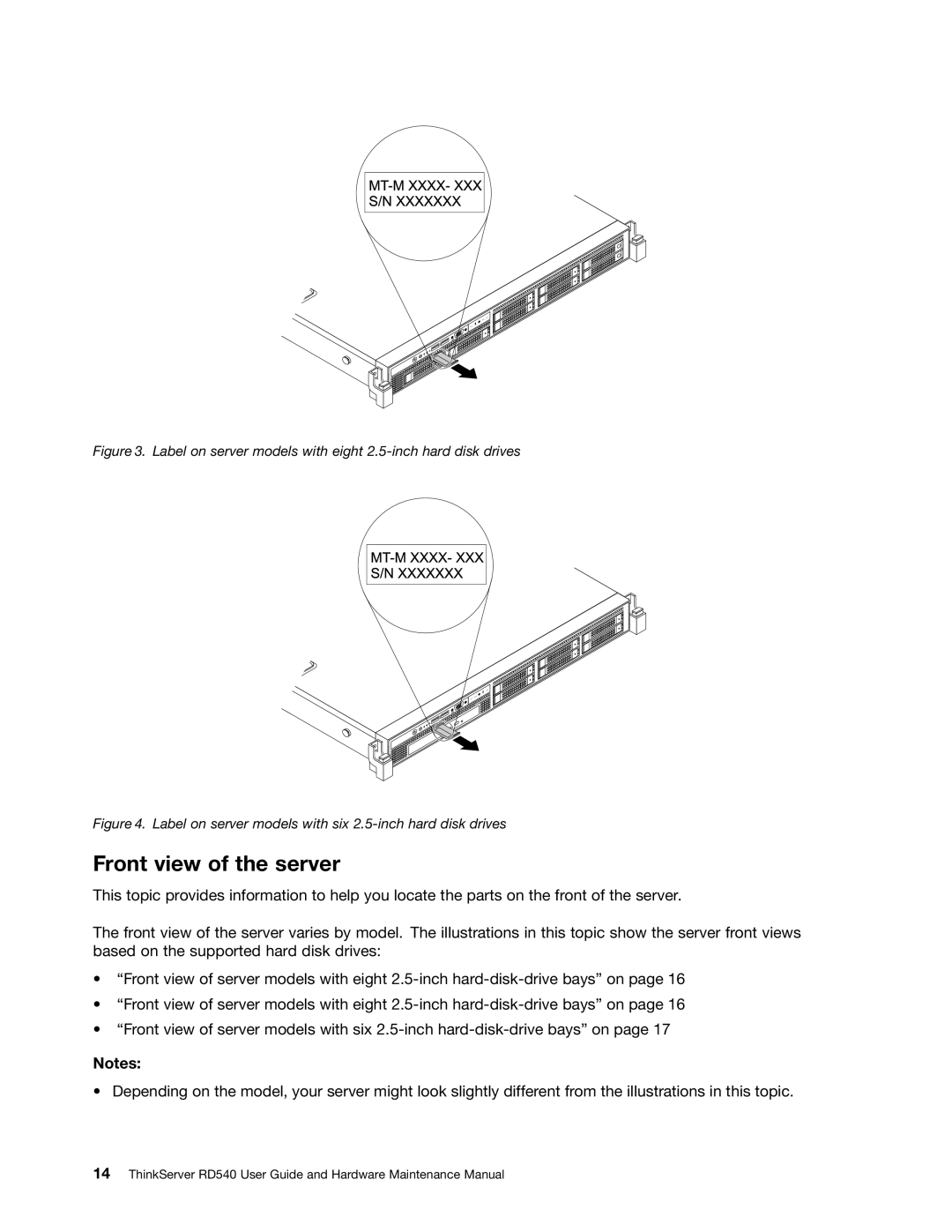 Lenovo RD540 manual Front view of the server, Label on server models with eight 2.5-inch hard disk drives 