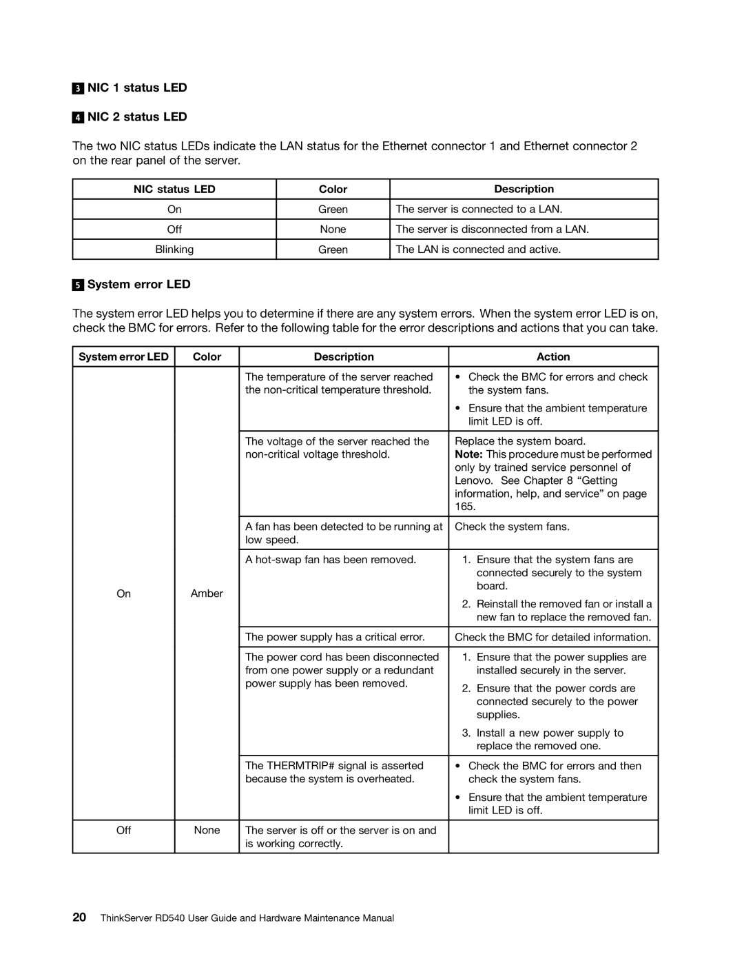 Lenovo RD540 manual NIC 1 status LED NIC 2 status LED, System error LED 