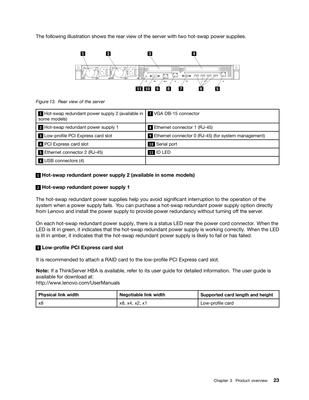 Lenovo RD540 manual Hot-swap redundant power supply 2 available in some models, Low-profile PCI Express card slot 