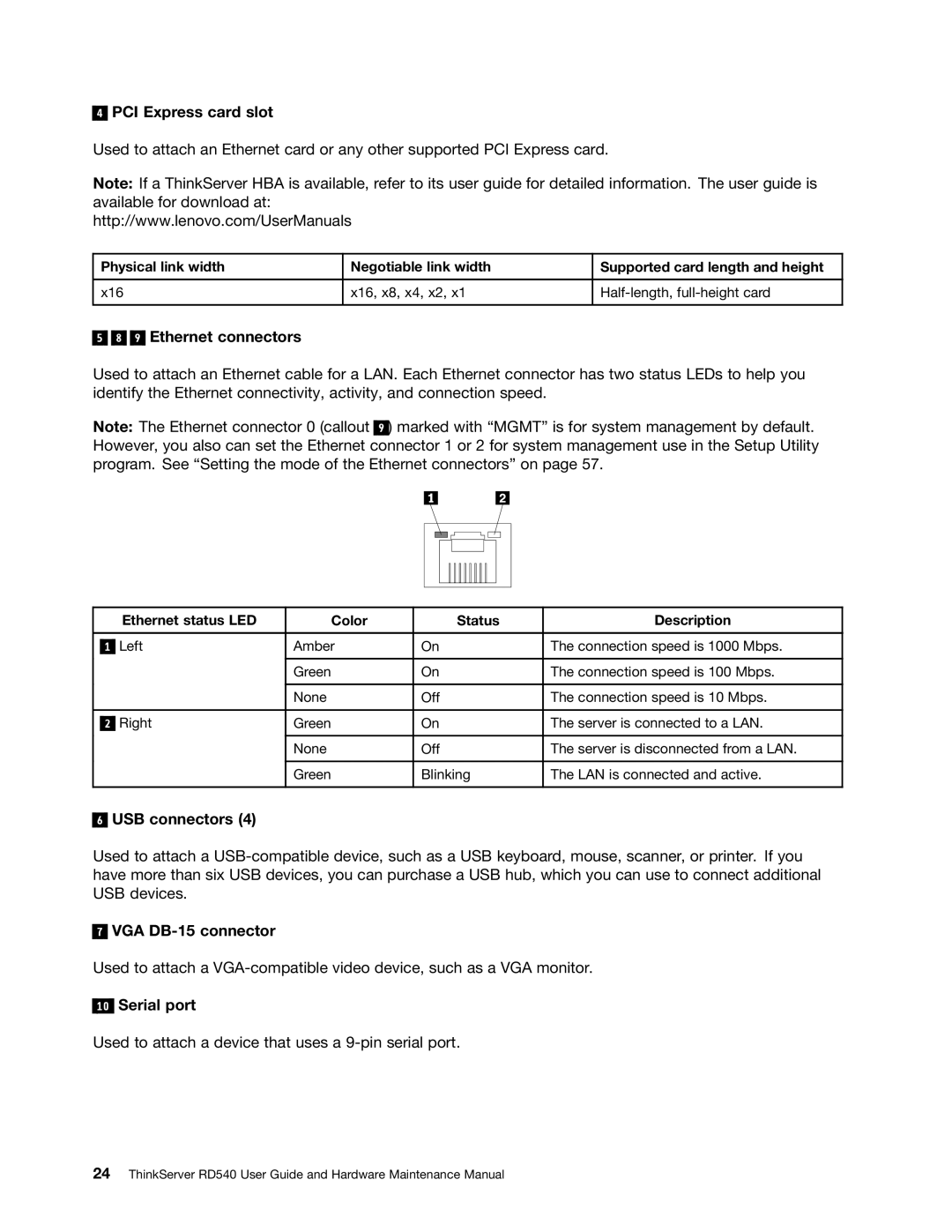 Lenovo RD540 manual PCI Express card slot, Ethernet connectors, USB connectors, VGA DB-15 connector, Serial port 
