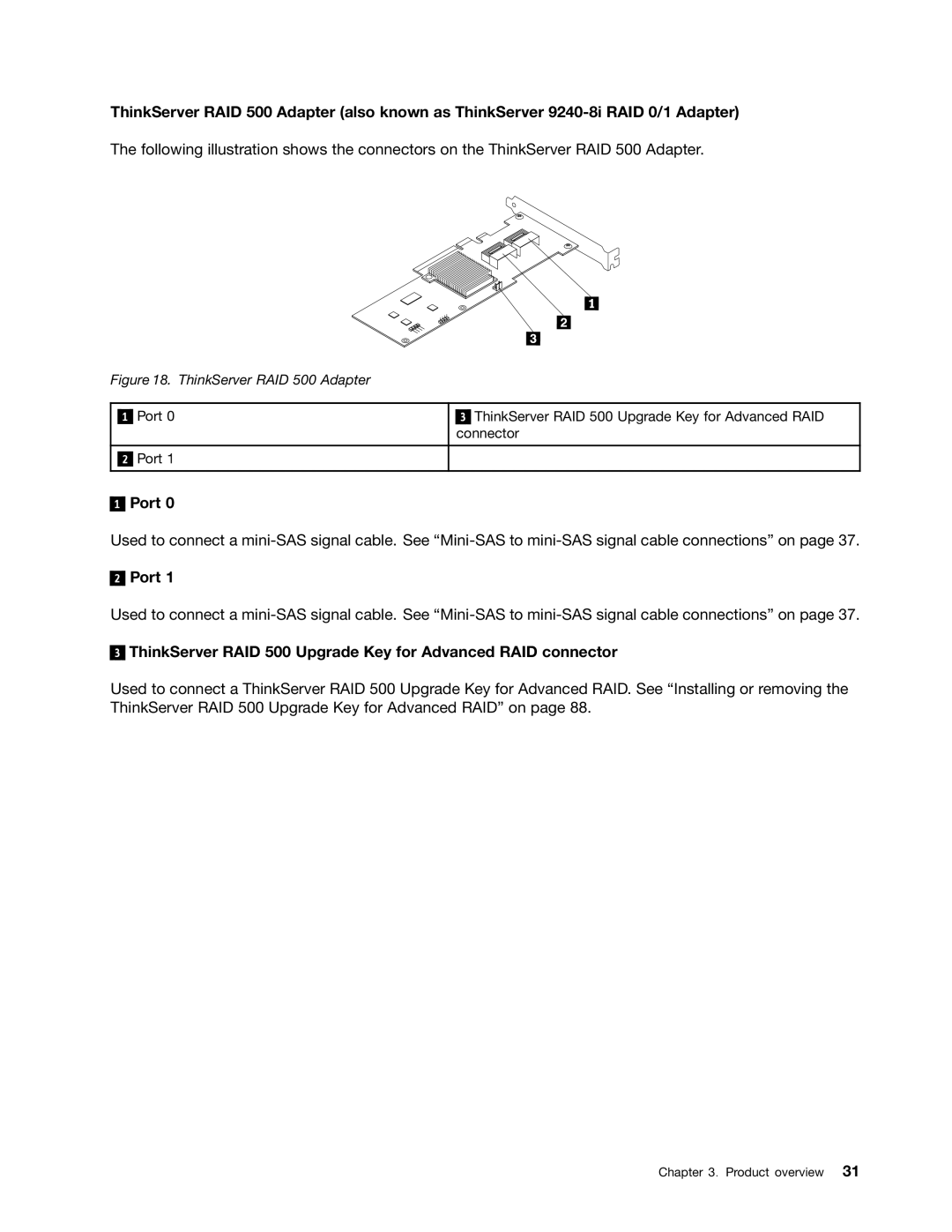 Lenovo RD540 manual Port, ThinkServer RAID 500 Upgrade Key for Advanced RAID connector 