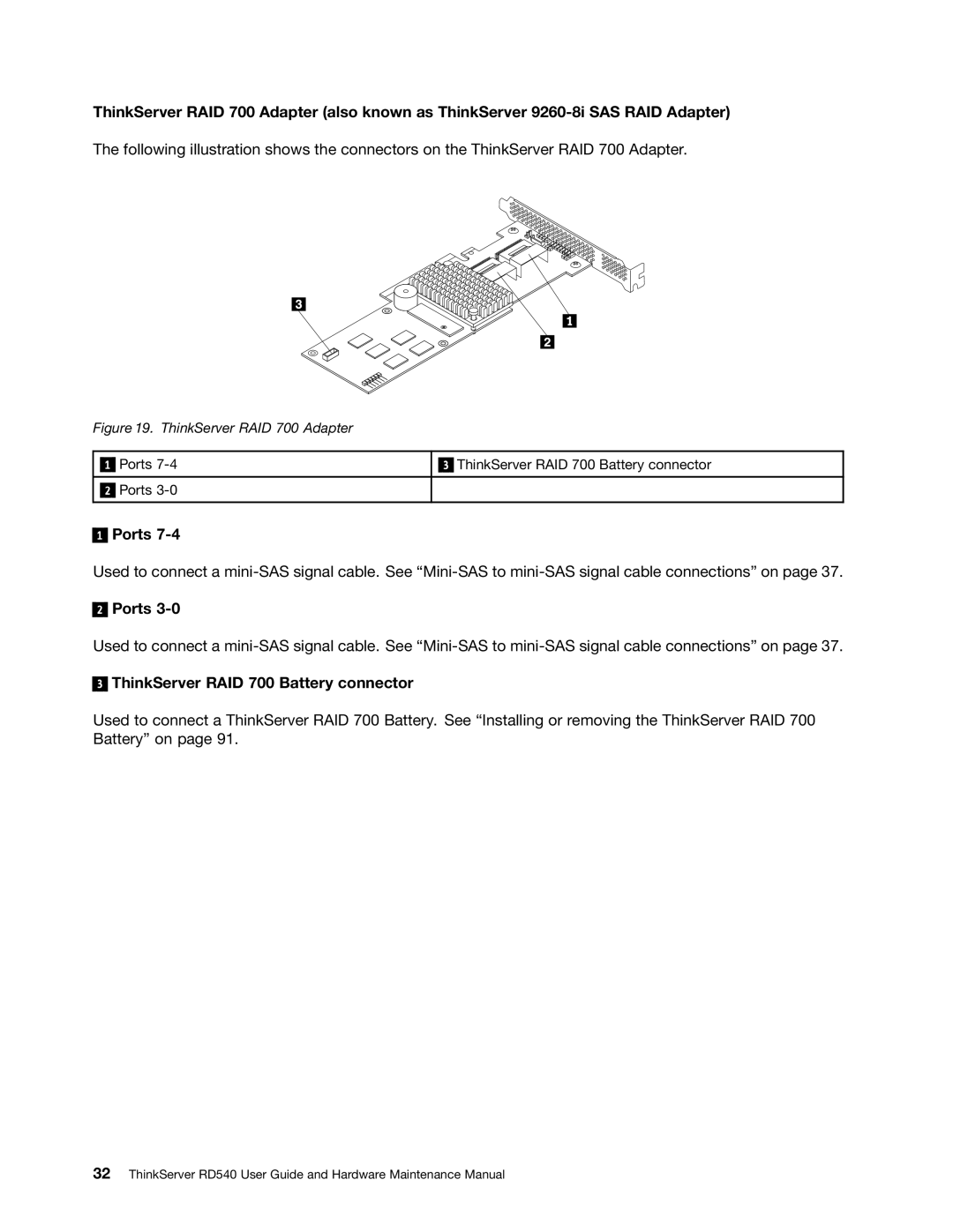 Lenovo RD540 manual Ports, ThinkServer RAID 700 Battery connector 