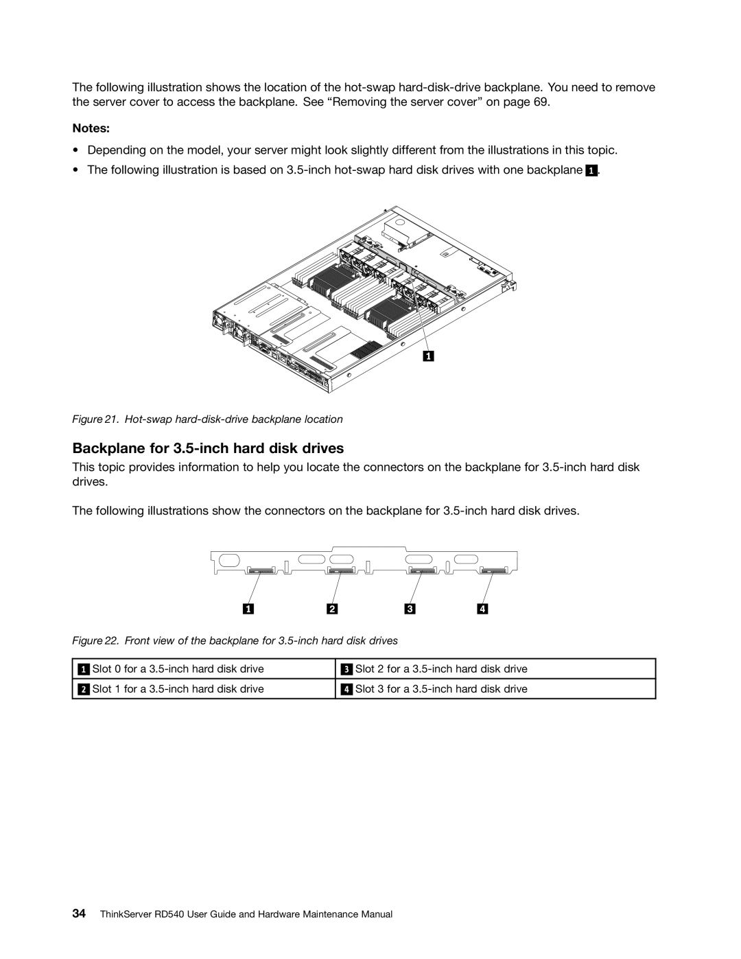 Lenovo RD540 manual Backplane for 3.5-inch hard disk drives, Hot-swap hard-disk-drive backplane location 