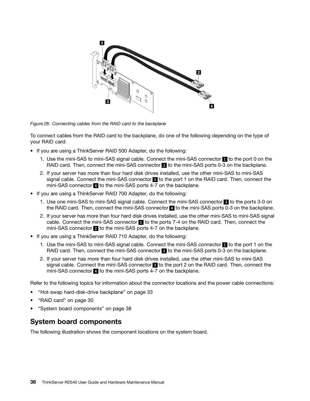 Lenovo RD540 manual System board components, Connecting cables from the RAID card to the backplane 