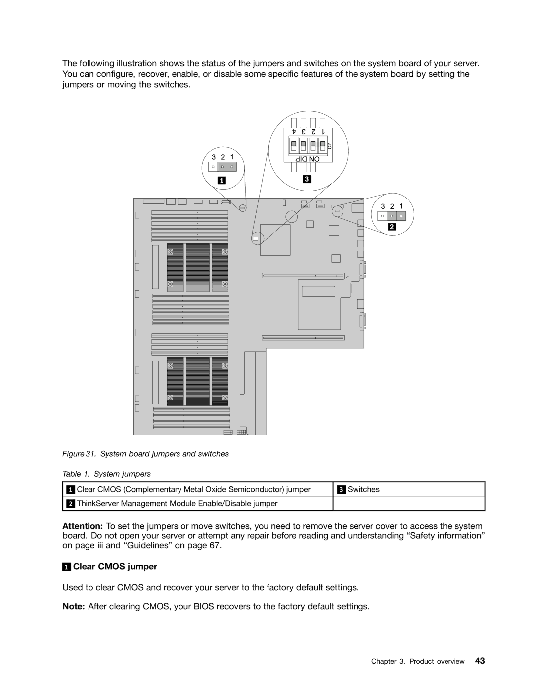 Lenovo RD540 manual Clear Cmos jumper, System board jumpers and switches System jumpers 