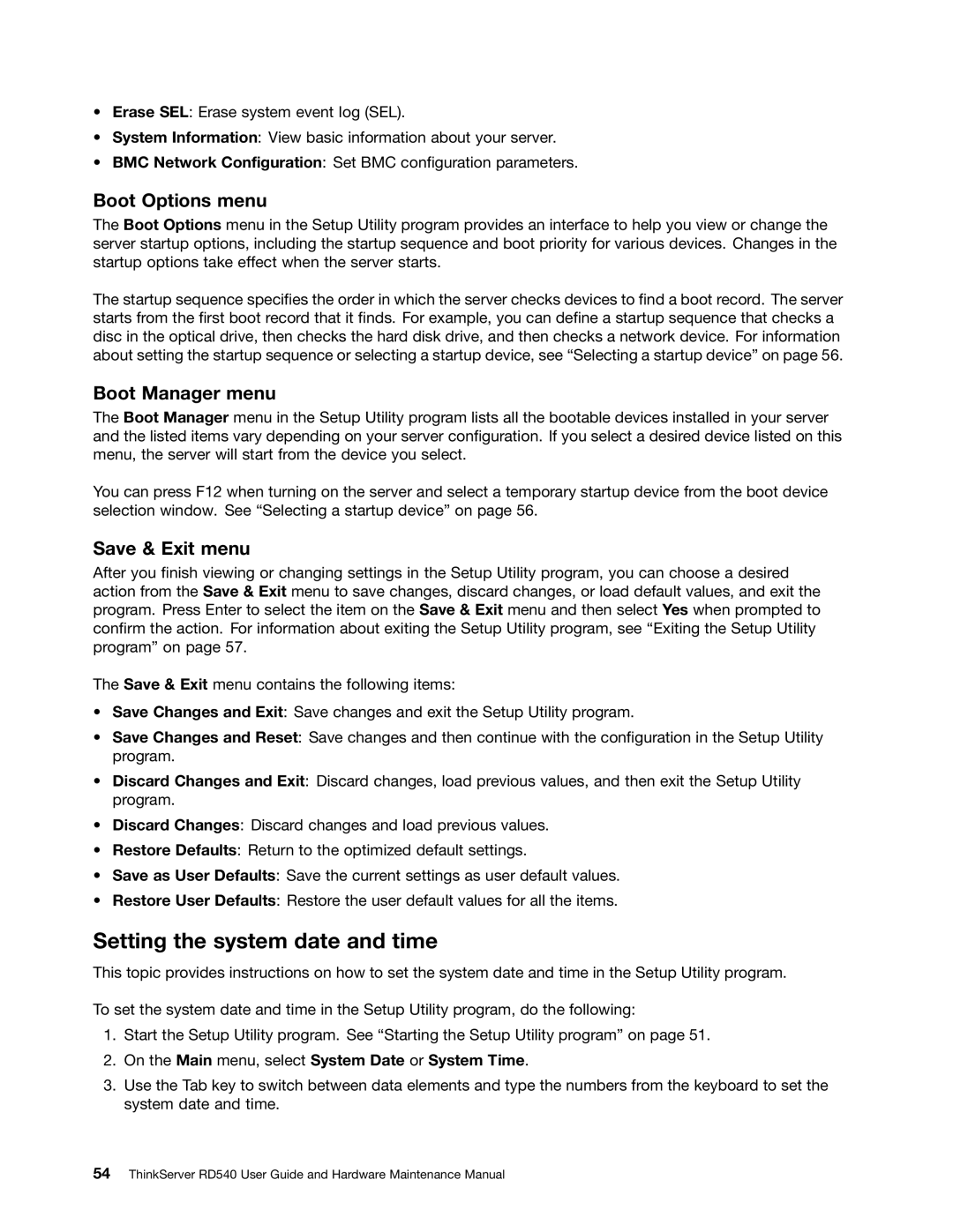 Lenovo RD540 manual Setting the system date and time, Boot Options menu, Boot Manager menu, Save & Exit menu 