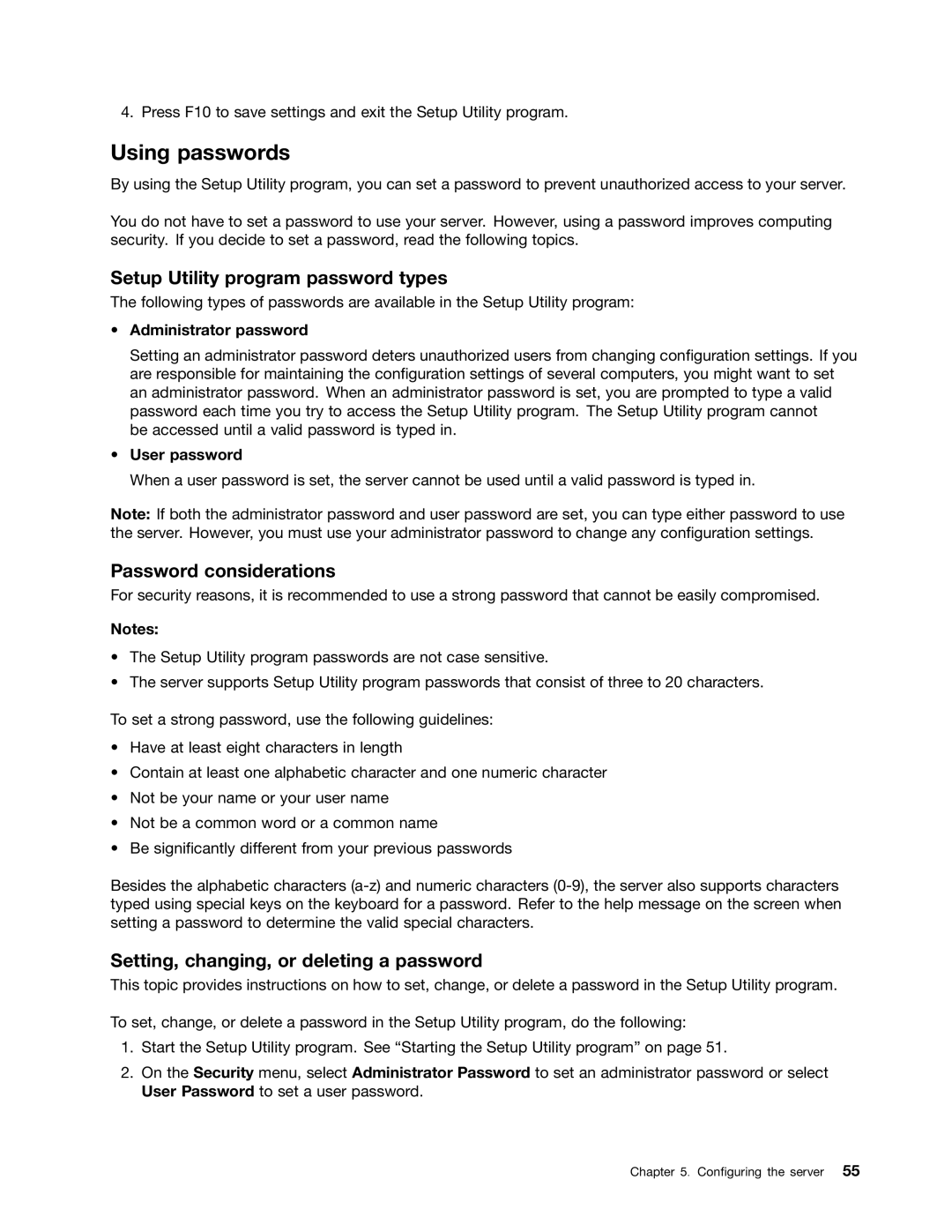 Lenovo RD540 manual Using passwords, Setup Utility program password types, Password considerations 