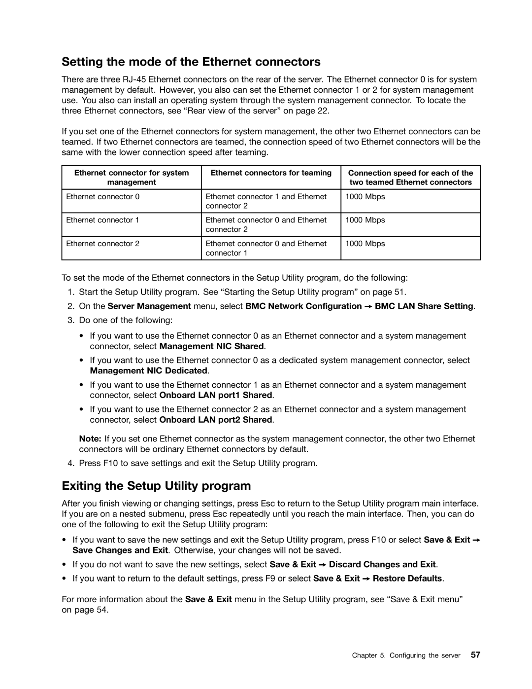 Lenovo RD540 manual Setting the mode of the Ethernet connectors, Exiting the Setup Utility program 