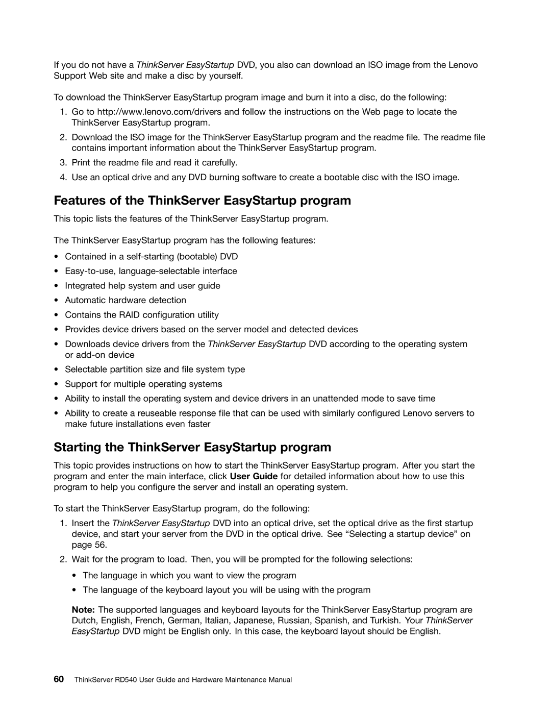 Lenovo RD540 manual Features of the ThinkServer EasyStartup program, Starting the ThinkServer EasyStartup program 