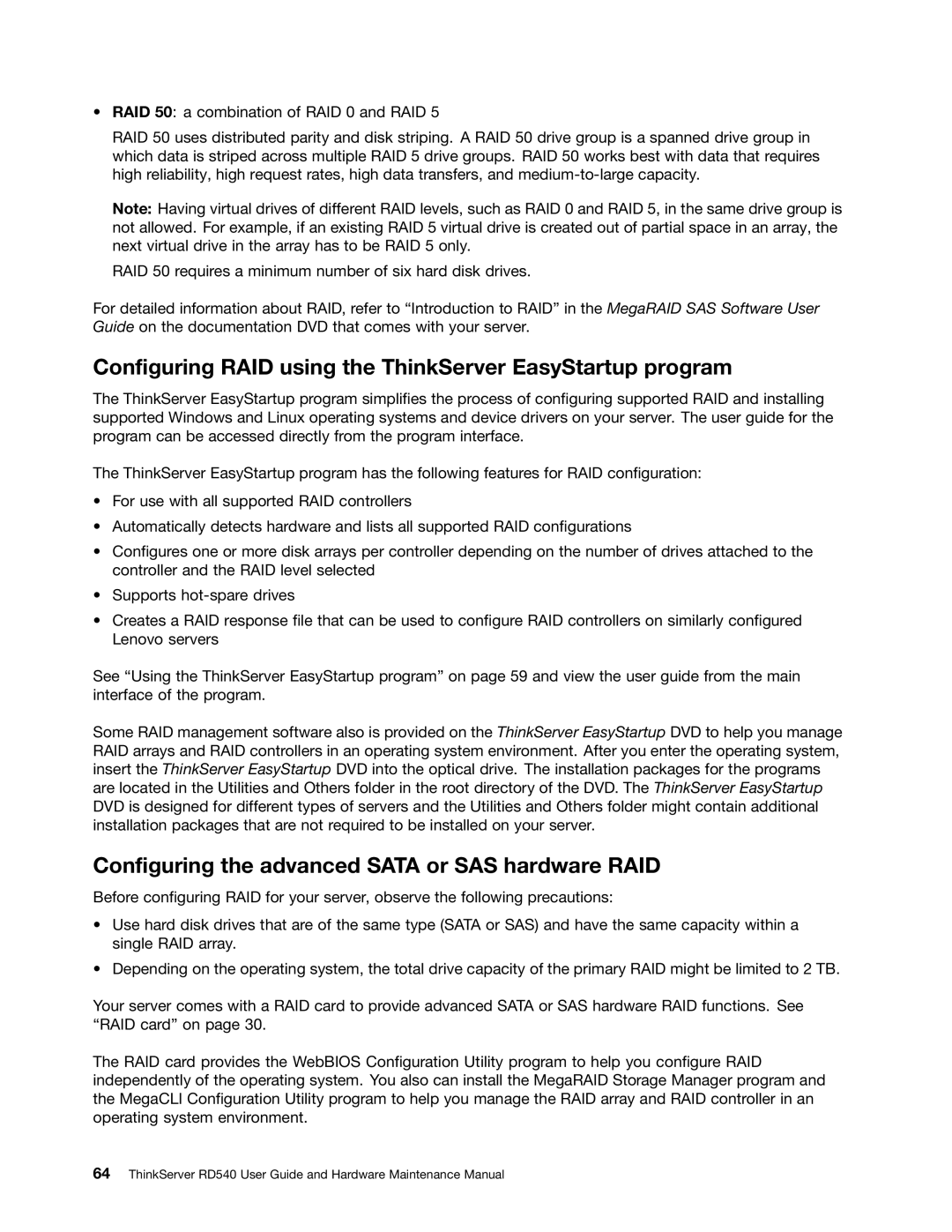 Lenovo RD540 manual Configuring RAID using the ThinkServer EasyStartup program 
