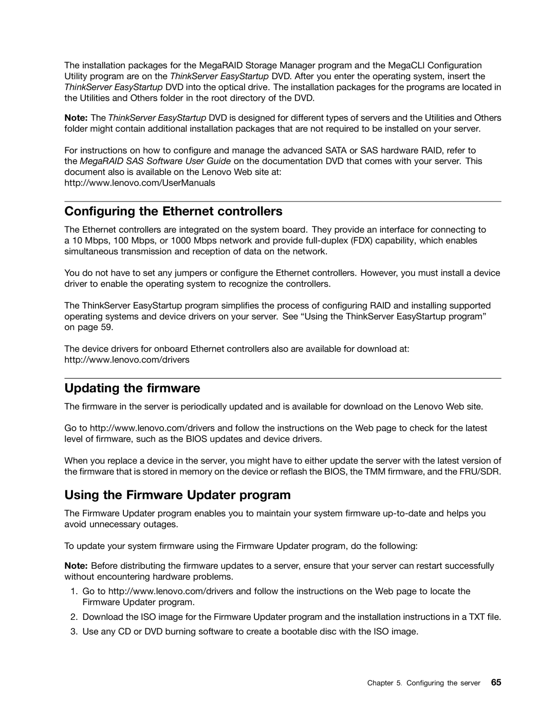 Lenovo RD540 manual Configuring the Ethernet controllers, Updating the firmware, Using the Firmware Updater program 