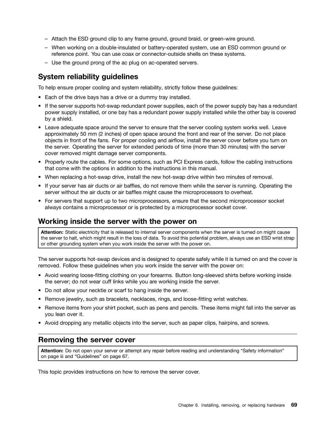 Lenovo RD540 manual System reliability guidelines, Working inside the server with the power on, Removing the server cover 