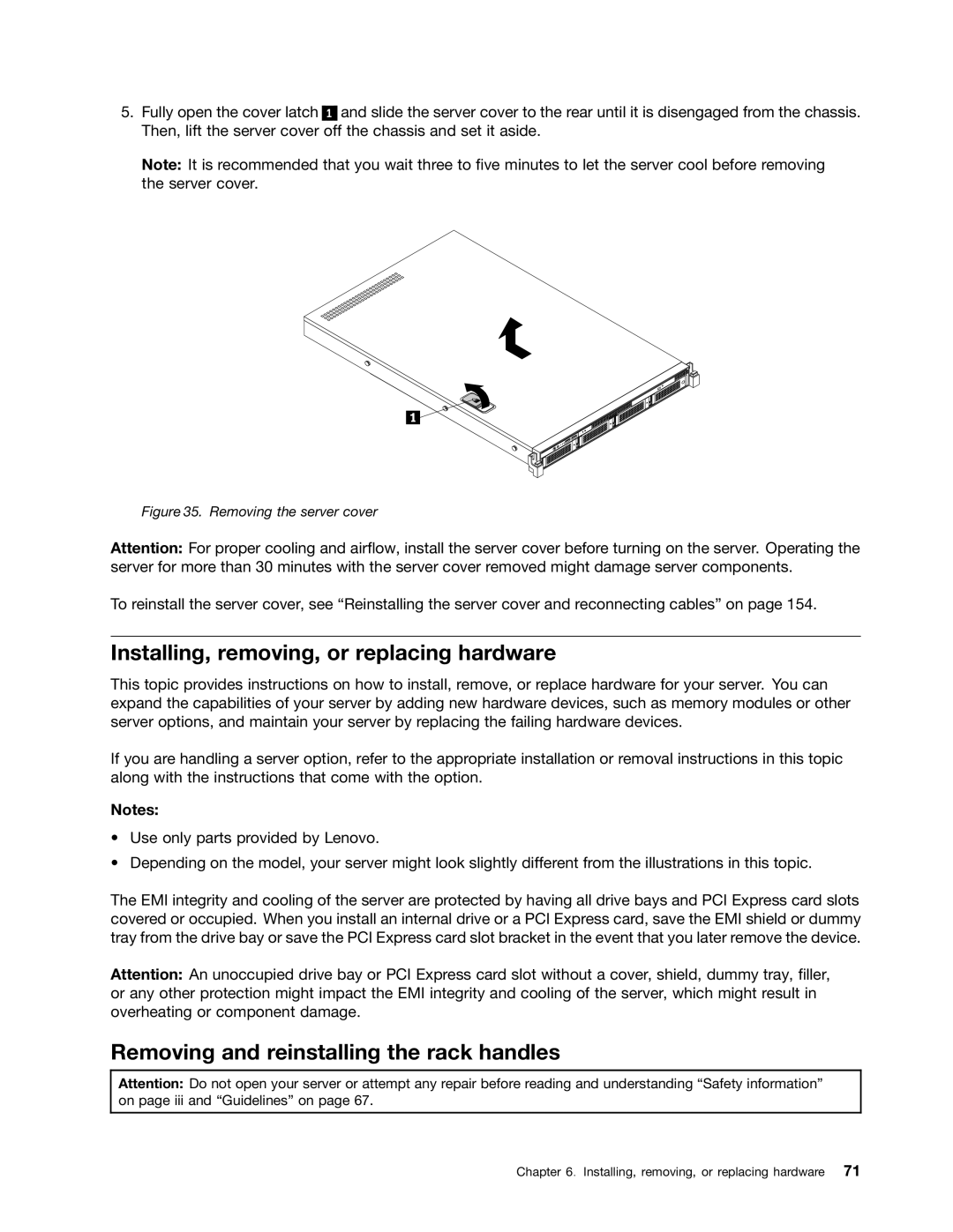 Lenovo RD540 manual Installing, removing, or replacing hardware, Removing and reinstalling the rack handles 