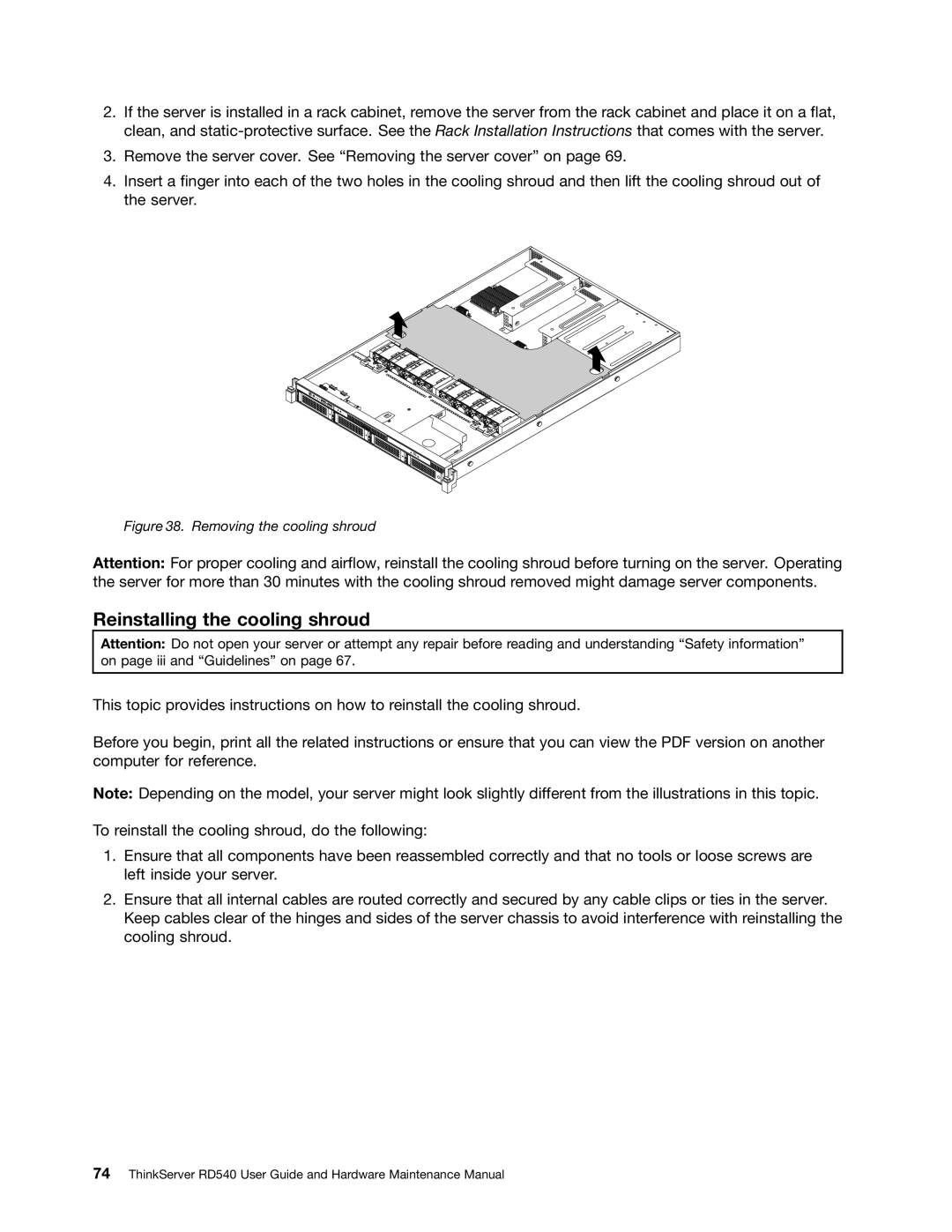 Lenovo RD540 manual Reinstalling the cooling shroud, Removing the cooling shroud 