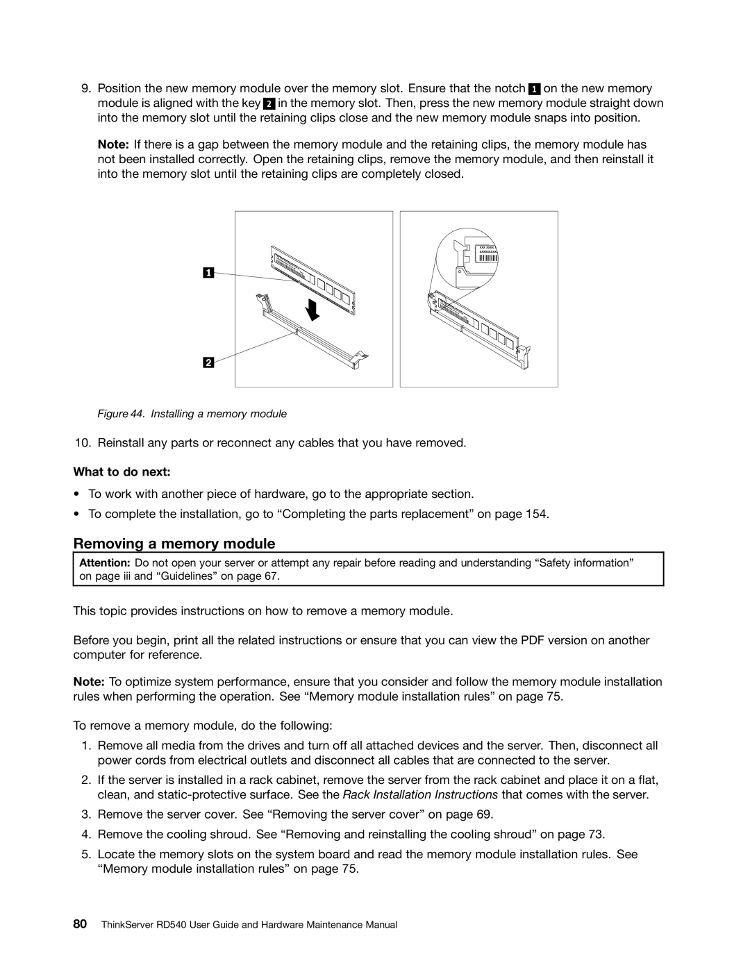 Lenovo RD540 manual Removing a memory module, What to do next 