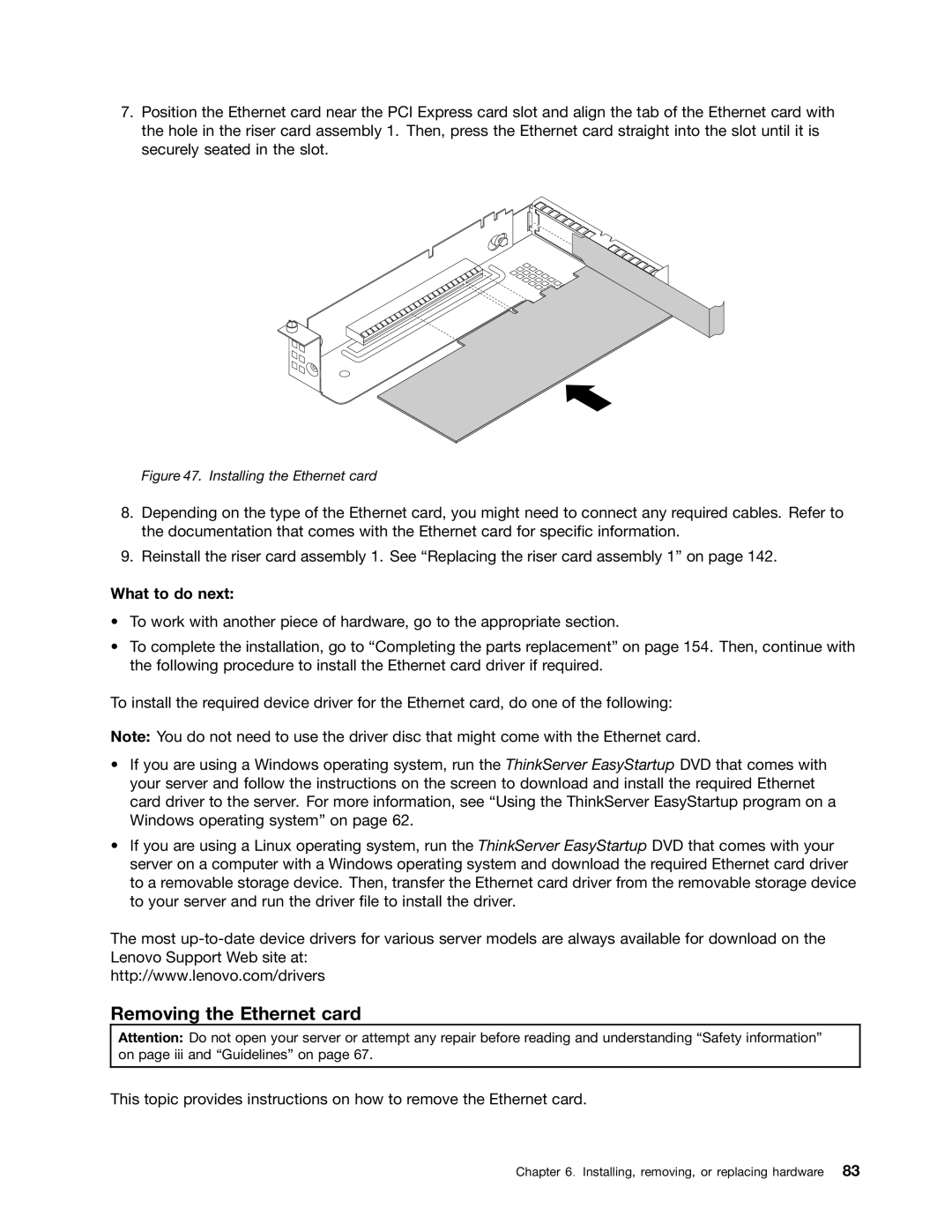 Lenovo RD540 manual Removing the Ethernet card, Installing the Ethernet card 