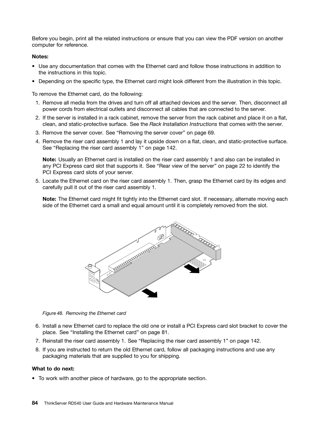 Lenovo RD540 manual Removing the Ethernet card 