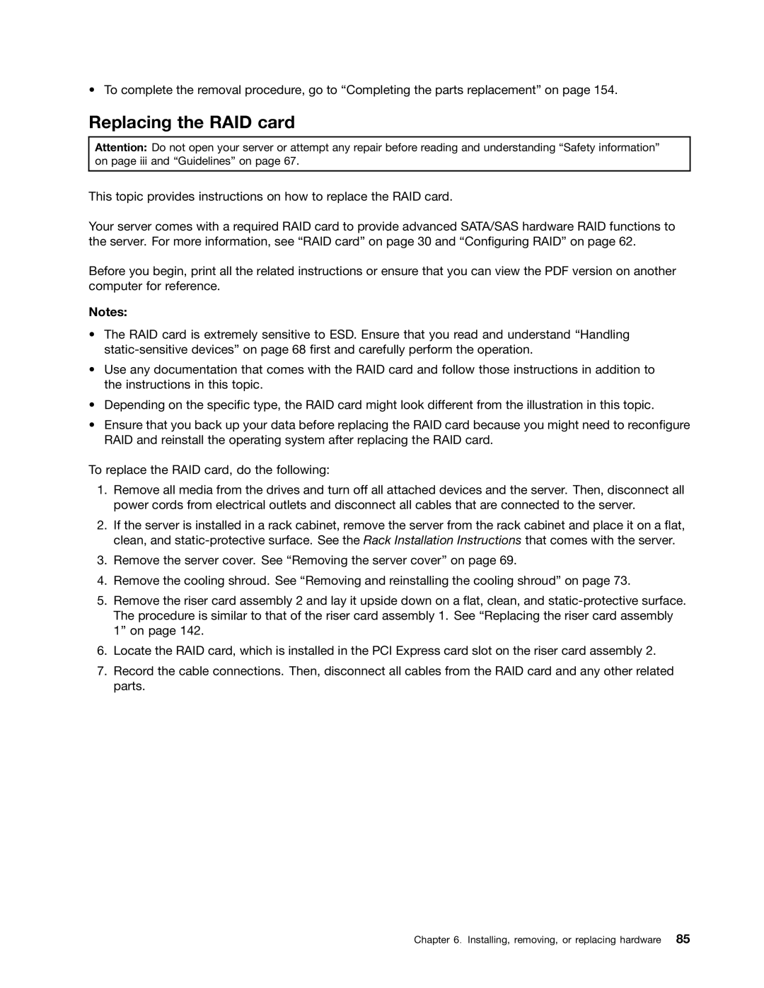 Lenovo RD540 manual Replacing the RAID card 