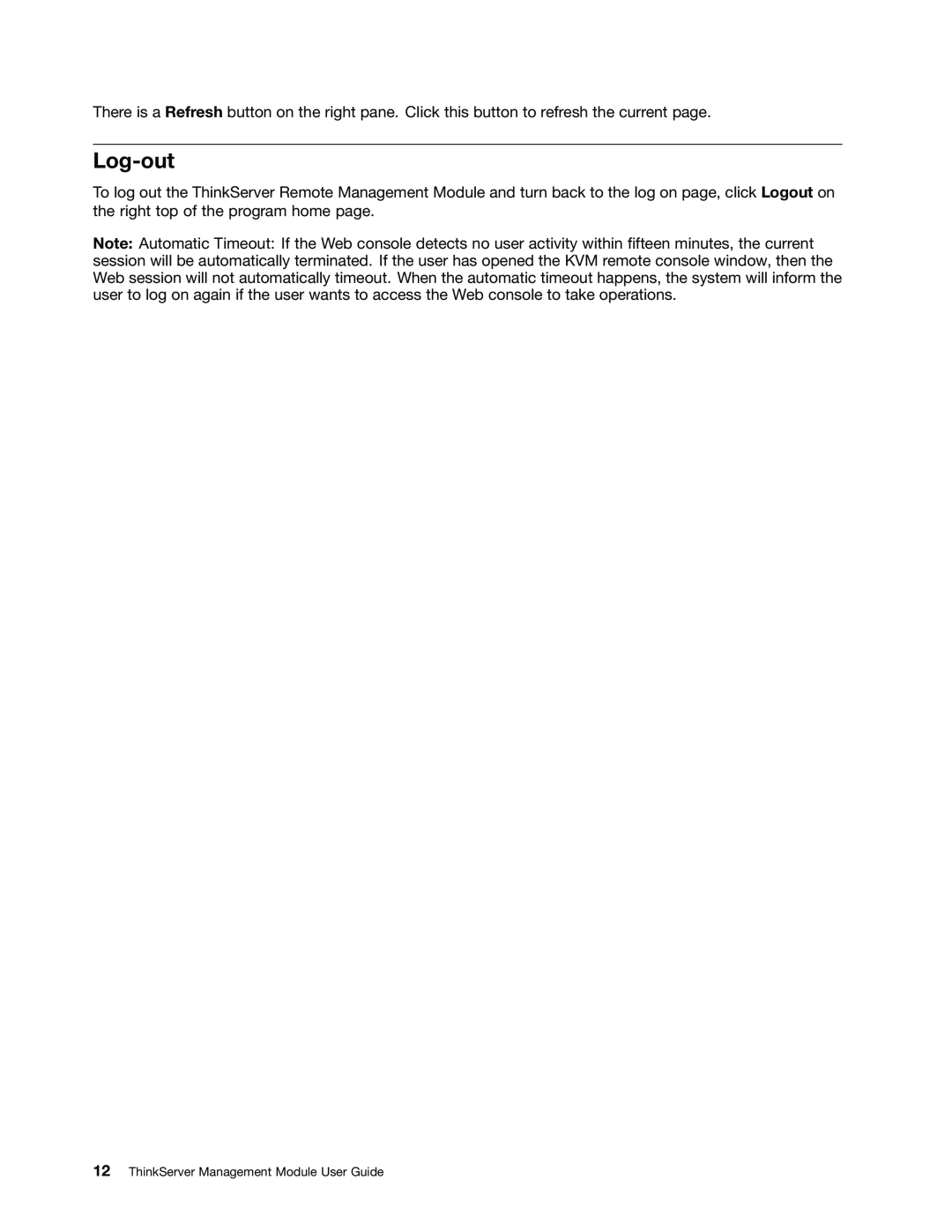 Lenovo RD330, RD630, RD530 manual Log-out, 12ThinkServer Management Module User Guide 