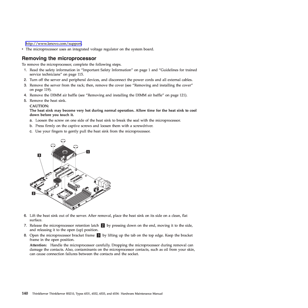 Lenovo RS210 manual Removing the microprocessor 