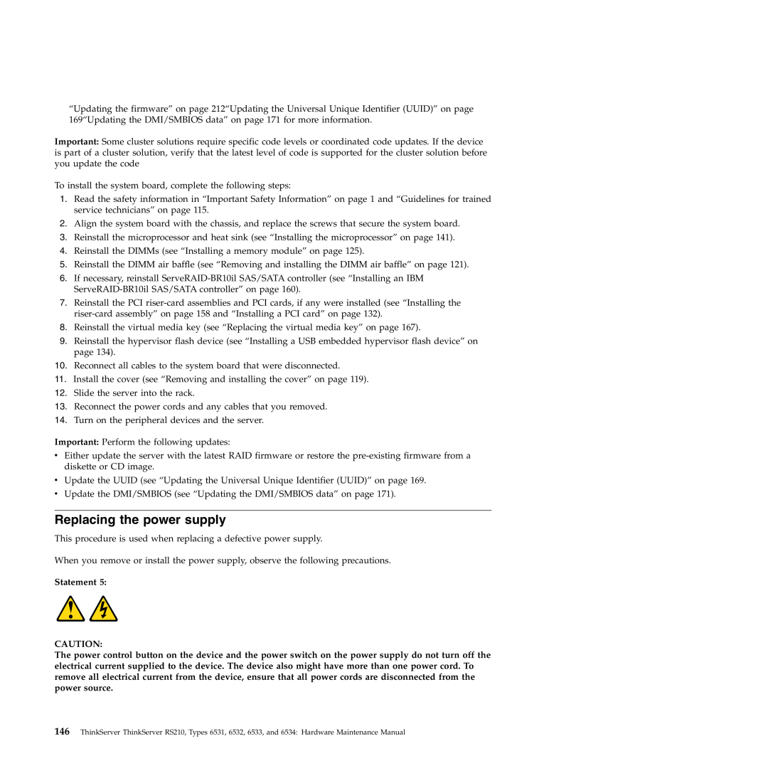 Lenovo RS210 manual Replacing the power supply, Statement 