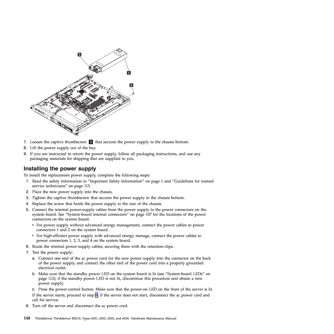 Lenovo RS210 manual Installing the power supply 