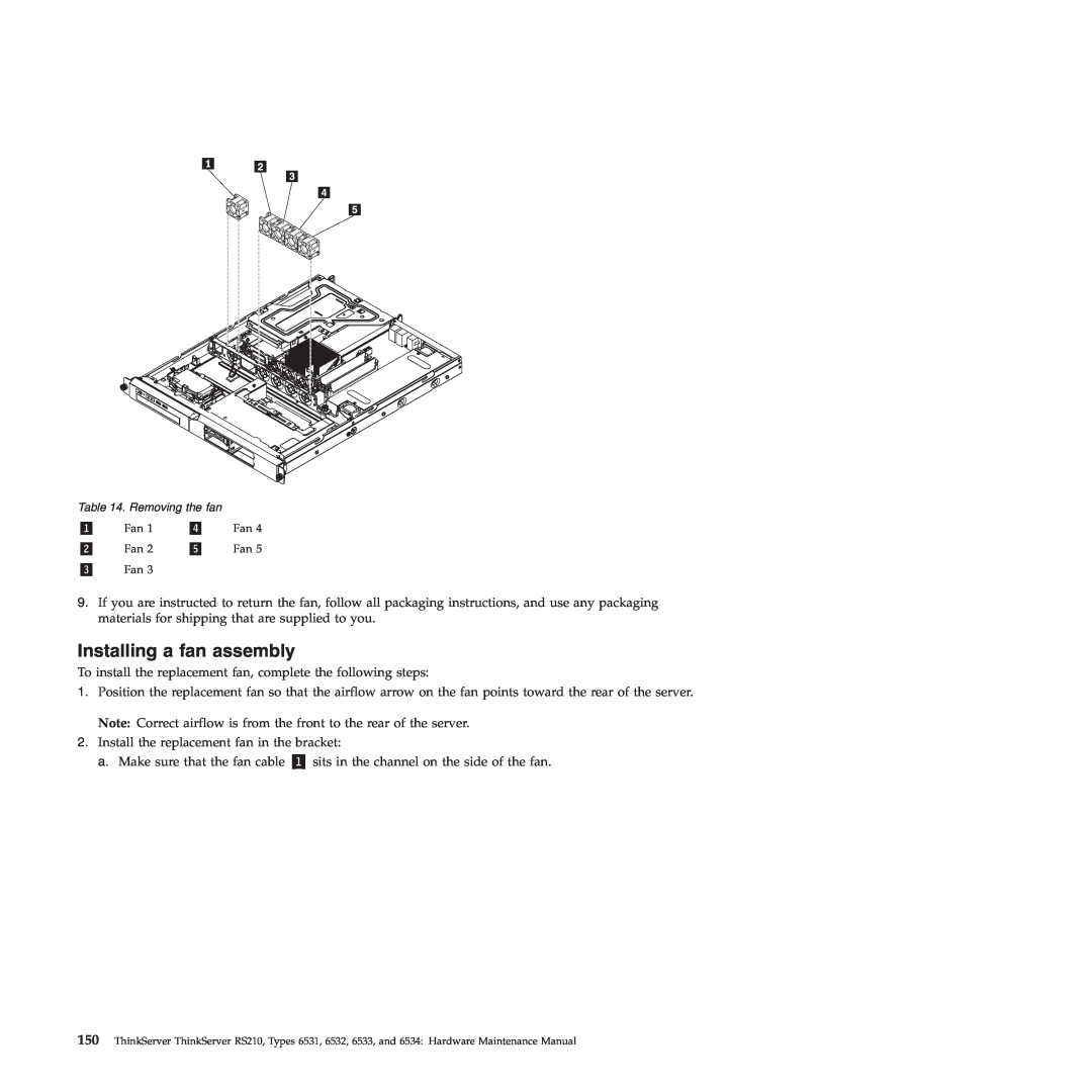 Lenovo RS210 manual Installing a fan assembly 