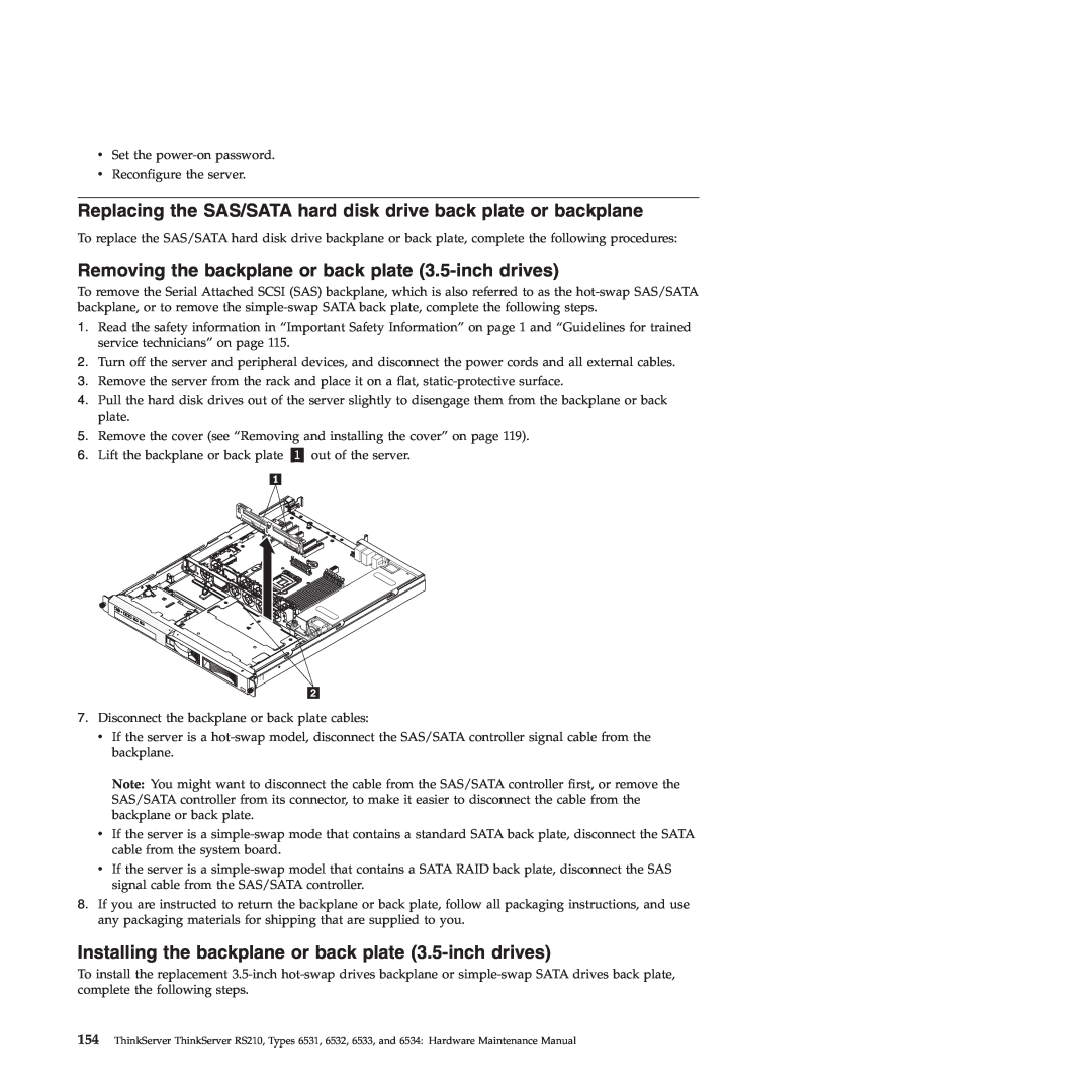 Lenovo RS210 manual Replacing the SAS/SATA hard disk drive back plate or backplane 