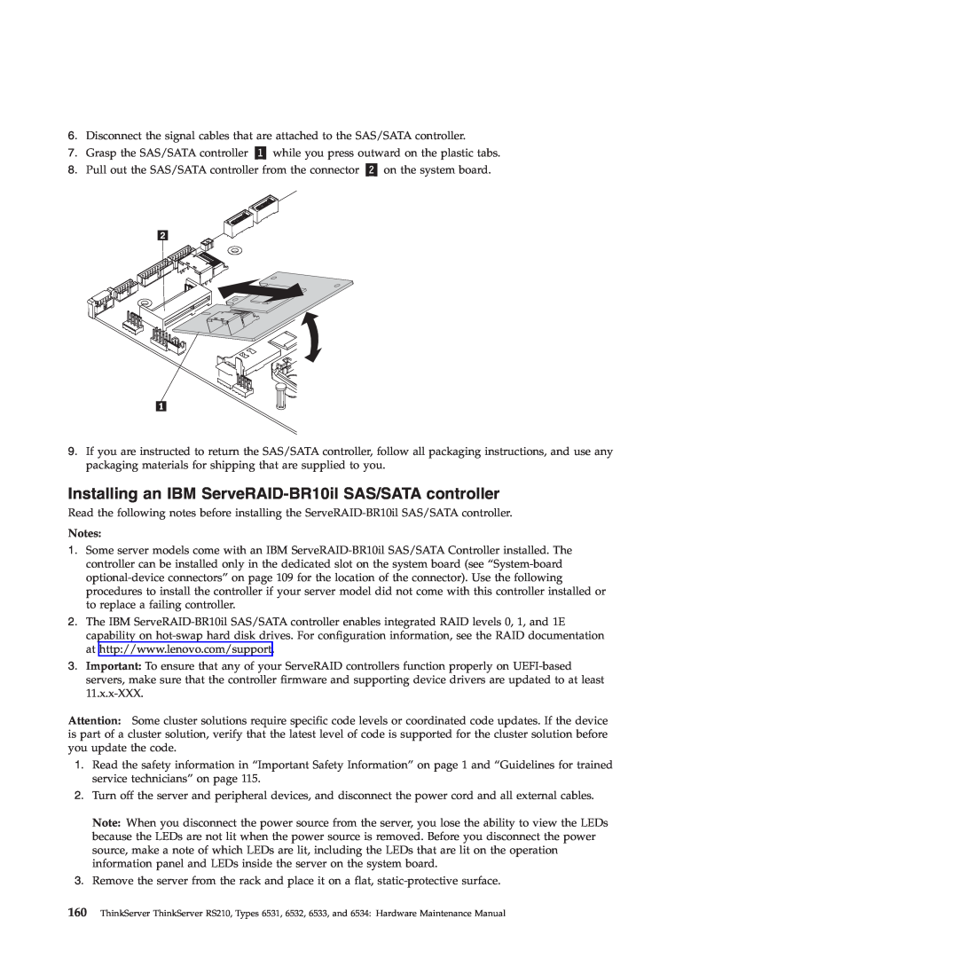 Lenovo RS210 manual Installing an IBM ServeRAID-BR10il SAS/SATA controller 