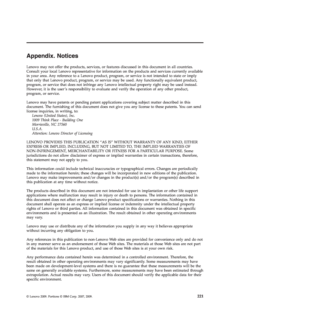 Lenovo RS210 manual Appendix. Notices, Lenovo United States, Inc 1009 Think Place - Building One 