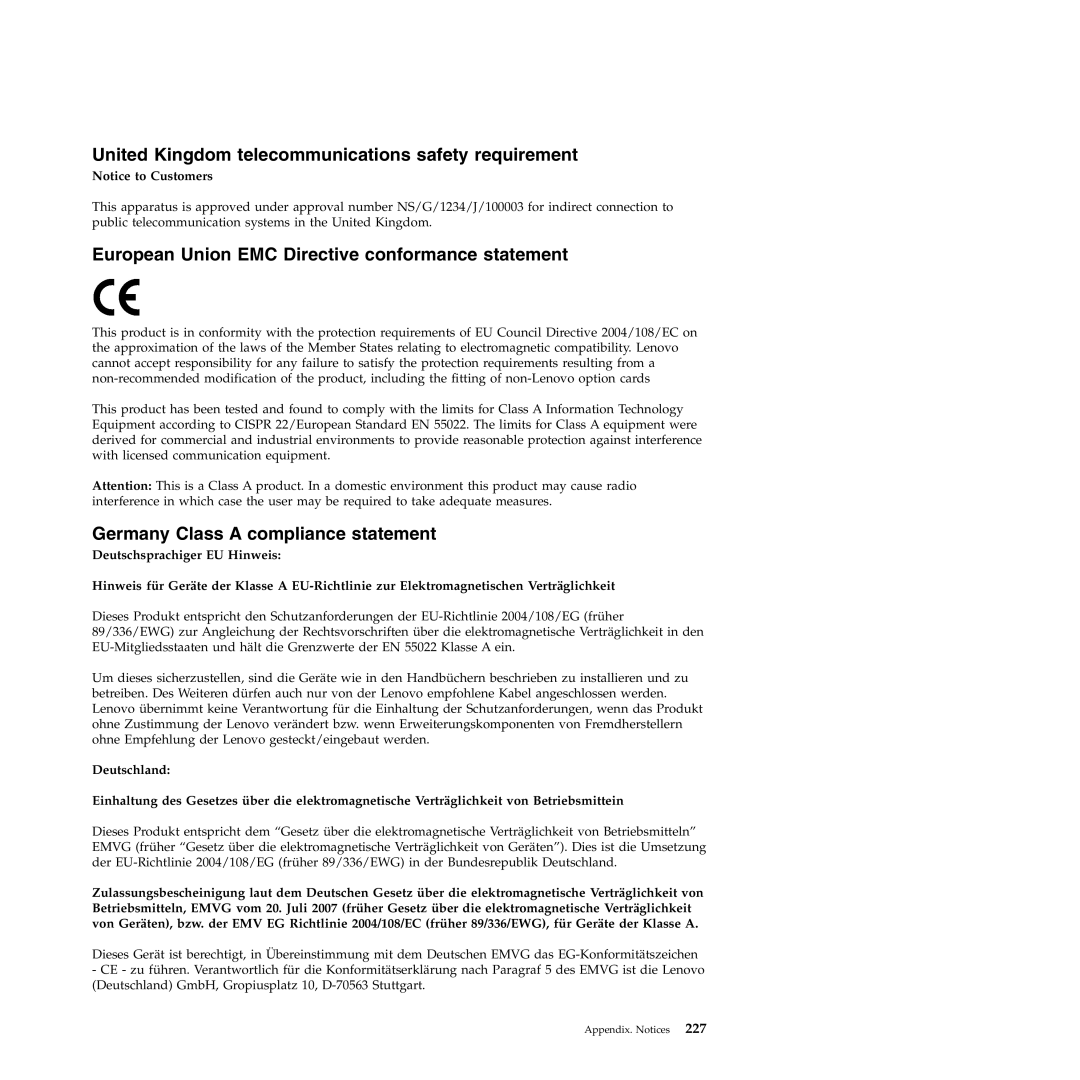 Lenovo RS210 United Kingdom telecommunications safety requirement, European Union EMC Directive conformance statement 