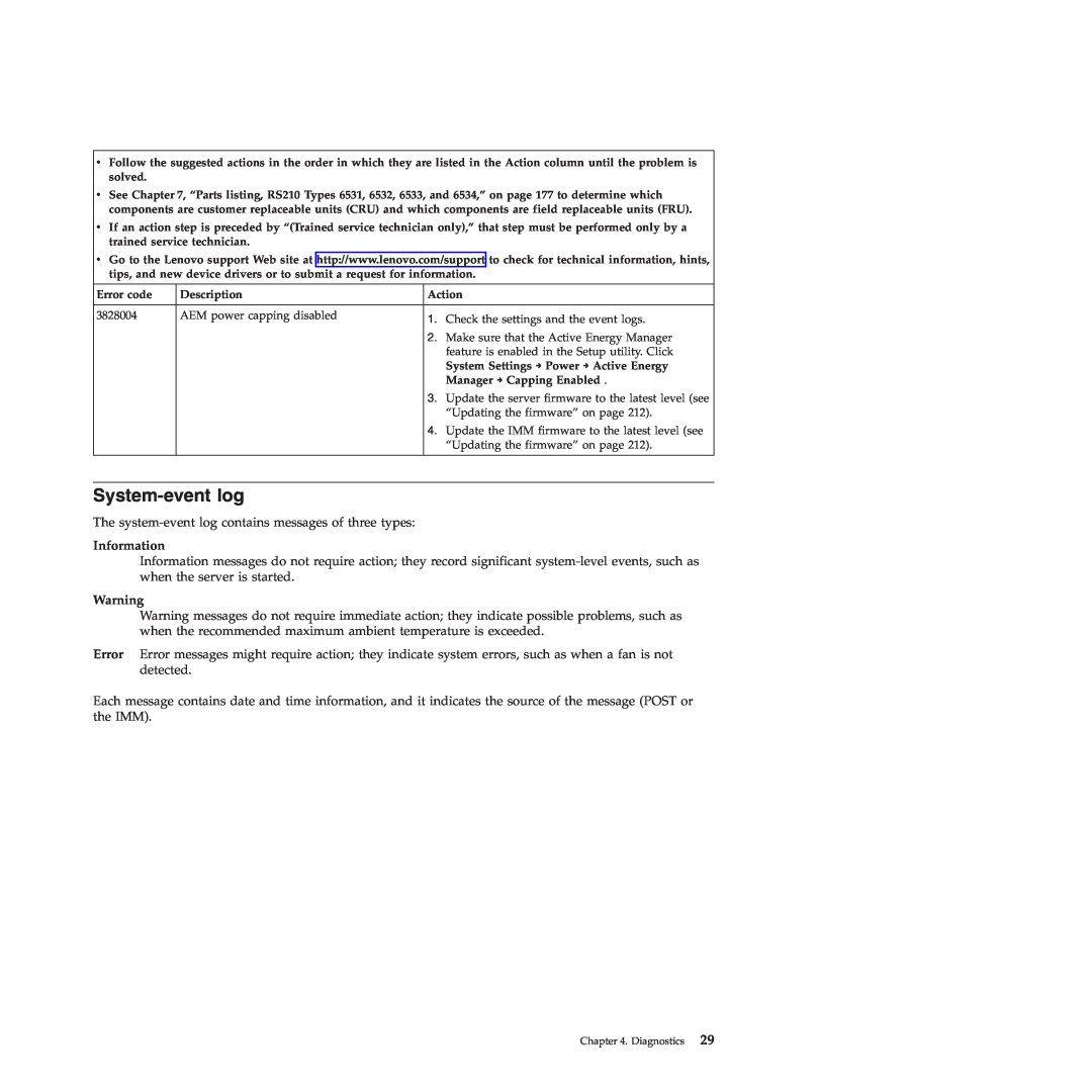 Lenovo RS210 manual System-event log, Information 