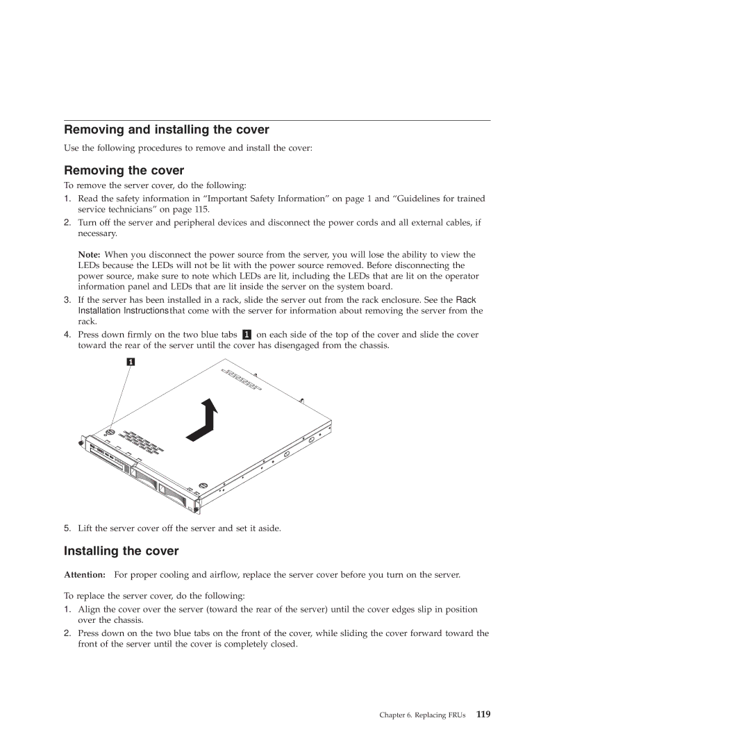 Lenovo RS210 manual Removing and installing the cover, Removing the cover, Installing the cover 