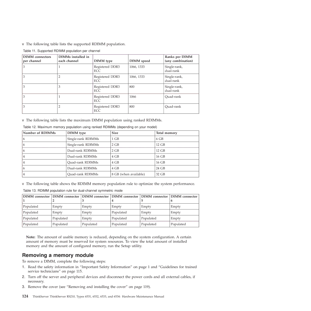 Lenovo RS210 manual Removing a memory module, Following table lists the supported Rdimm population 