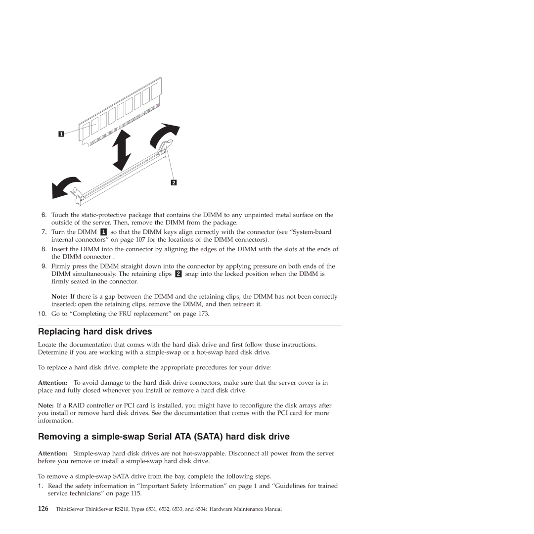 Lenovo RS210 manual Replacing hard disk drives, Removing a simple-swap Serial ATA Sata hard disk drive 