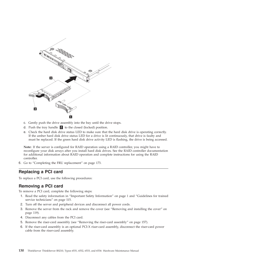 Lenovo RS210 manual Replacing a PCI card, Removing a PCI card 