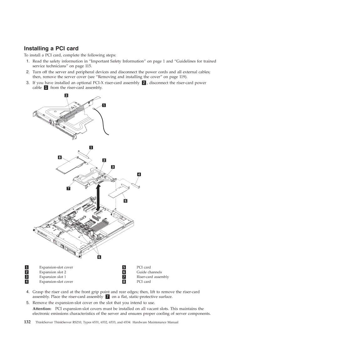 Lenovo RS210 manual Installing a PCI card 