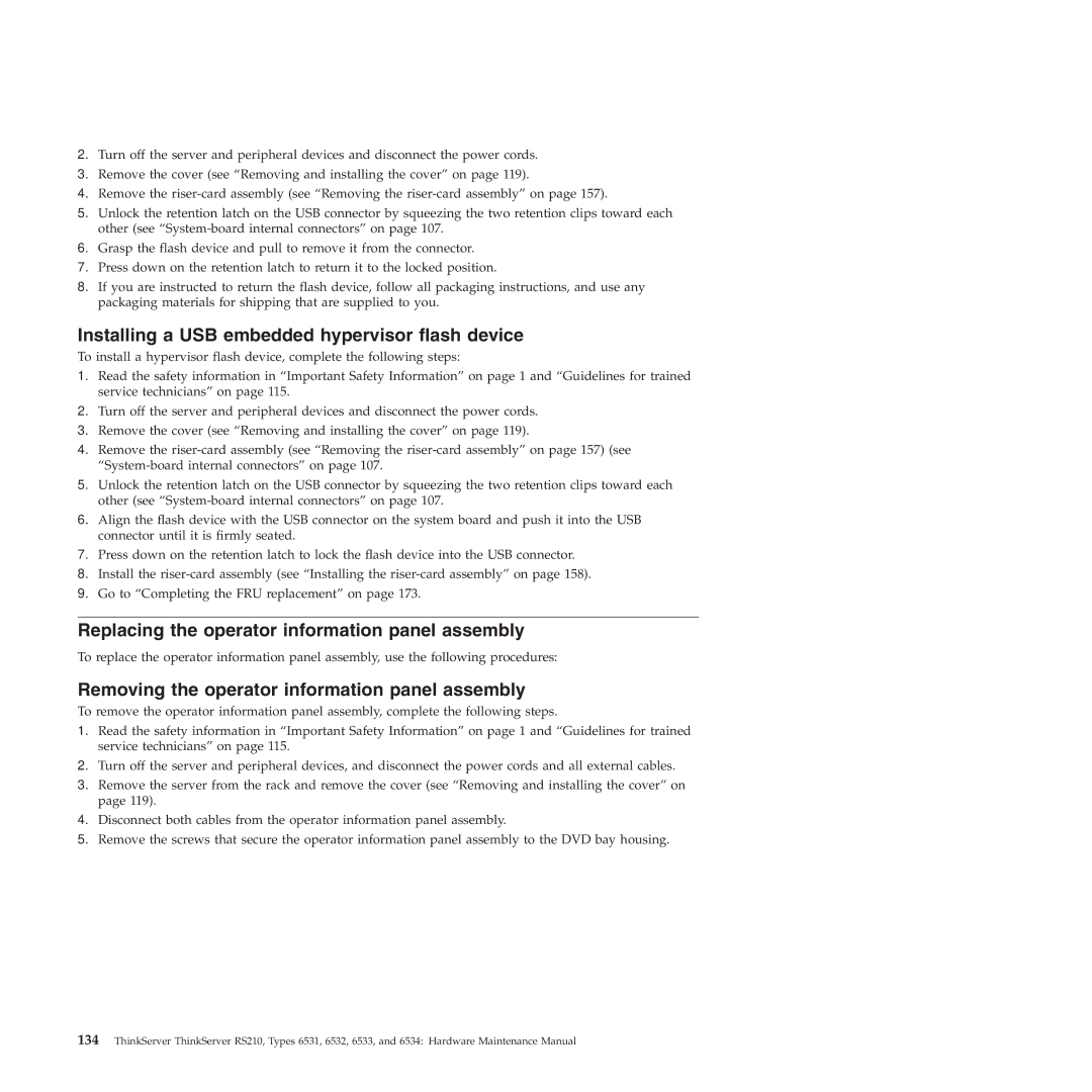 Lenovo RS210 manual Installing a USB embedded hypervisor flash device, Replacing the operator information panel assembly 